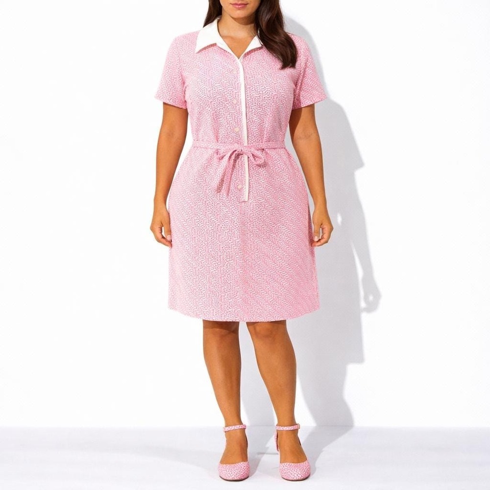 70s Vintage Hot Pink Jacquard Shirt Dress Womens L Mod Abstract White Print Geo